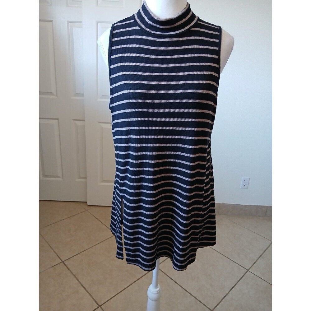 Signature I Studio Sleeveless Tunic Top Striped‎ Black Tan Large Mock Neck